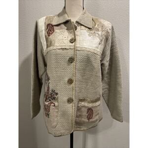 Vintage Think Positive Embellished Tapestry Lace Woven Oversized Jacket Sz Small